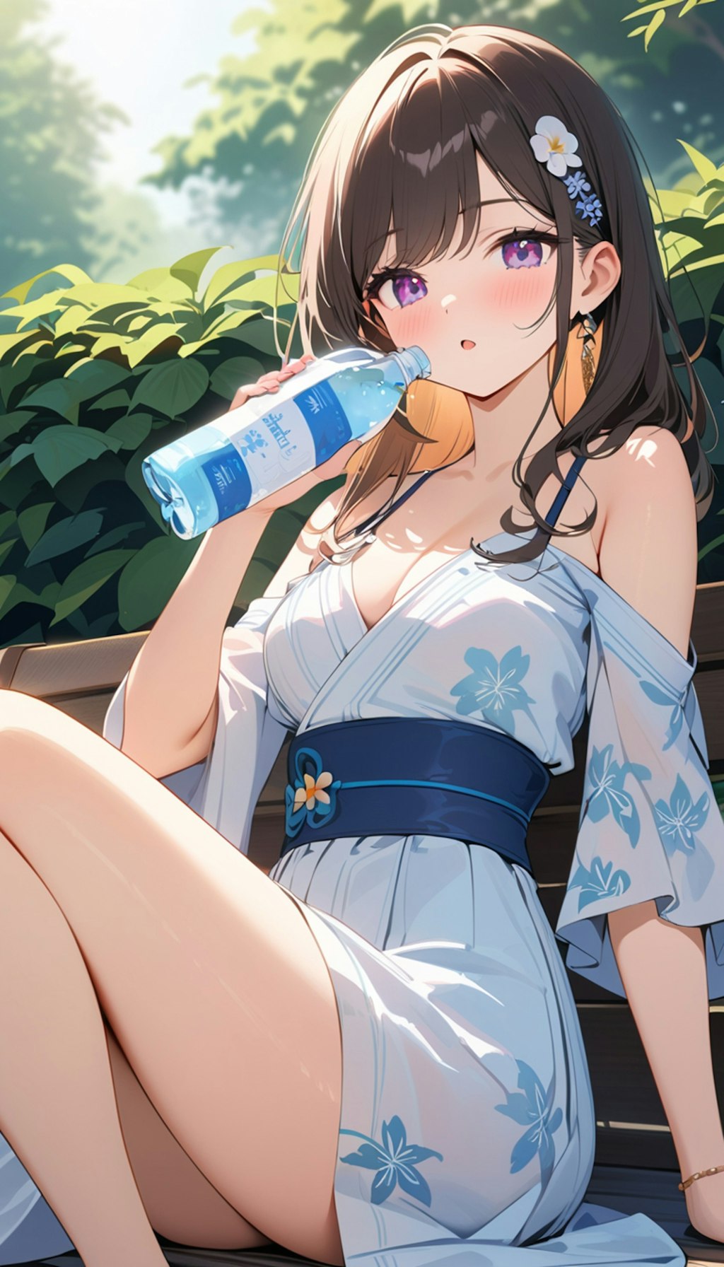 癒しの水を飲む浴衣風ワンピースを着る女の子