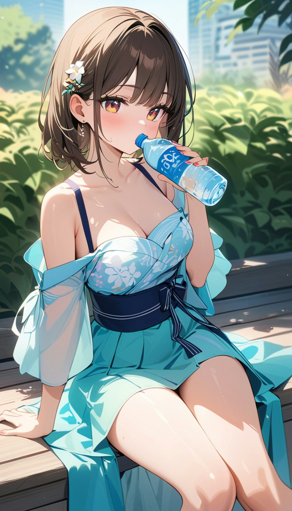 癒しの水を飲む浴衣風ワンピースを着る女の子