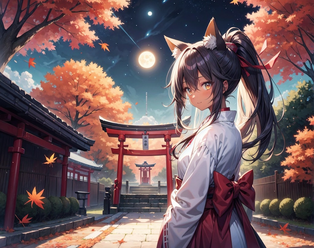 夜の紅葉と狐娘