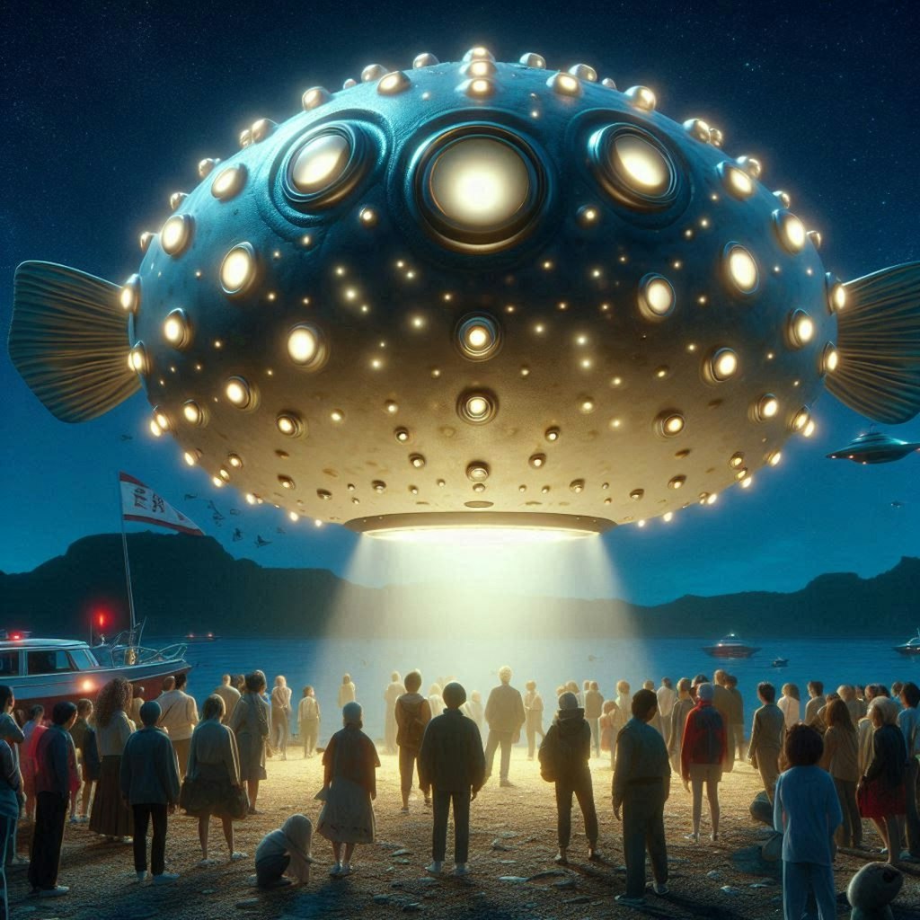 飛びそうなフグ型UFOとUFOみたいなフグ