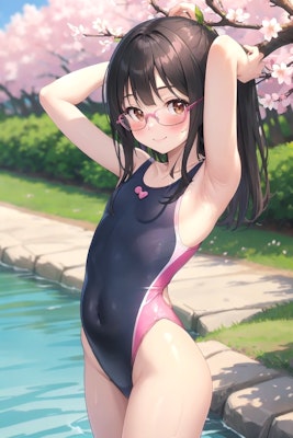 春を彩る桜の下でひと泳ぎの準備をする少女