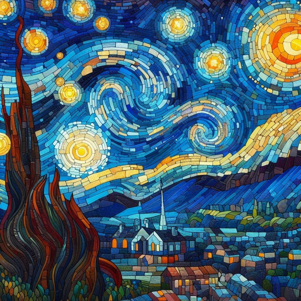 Painting Van Gogh's Starry Night in the style of mosaic