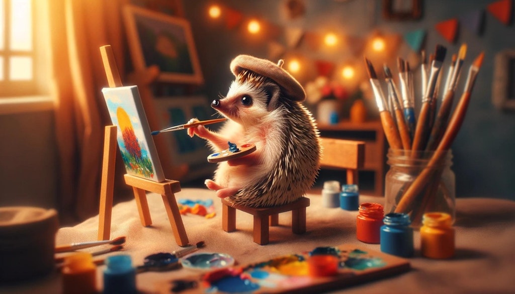 A Hedgehog Painting in a Cozy Studio