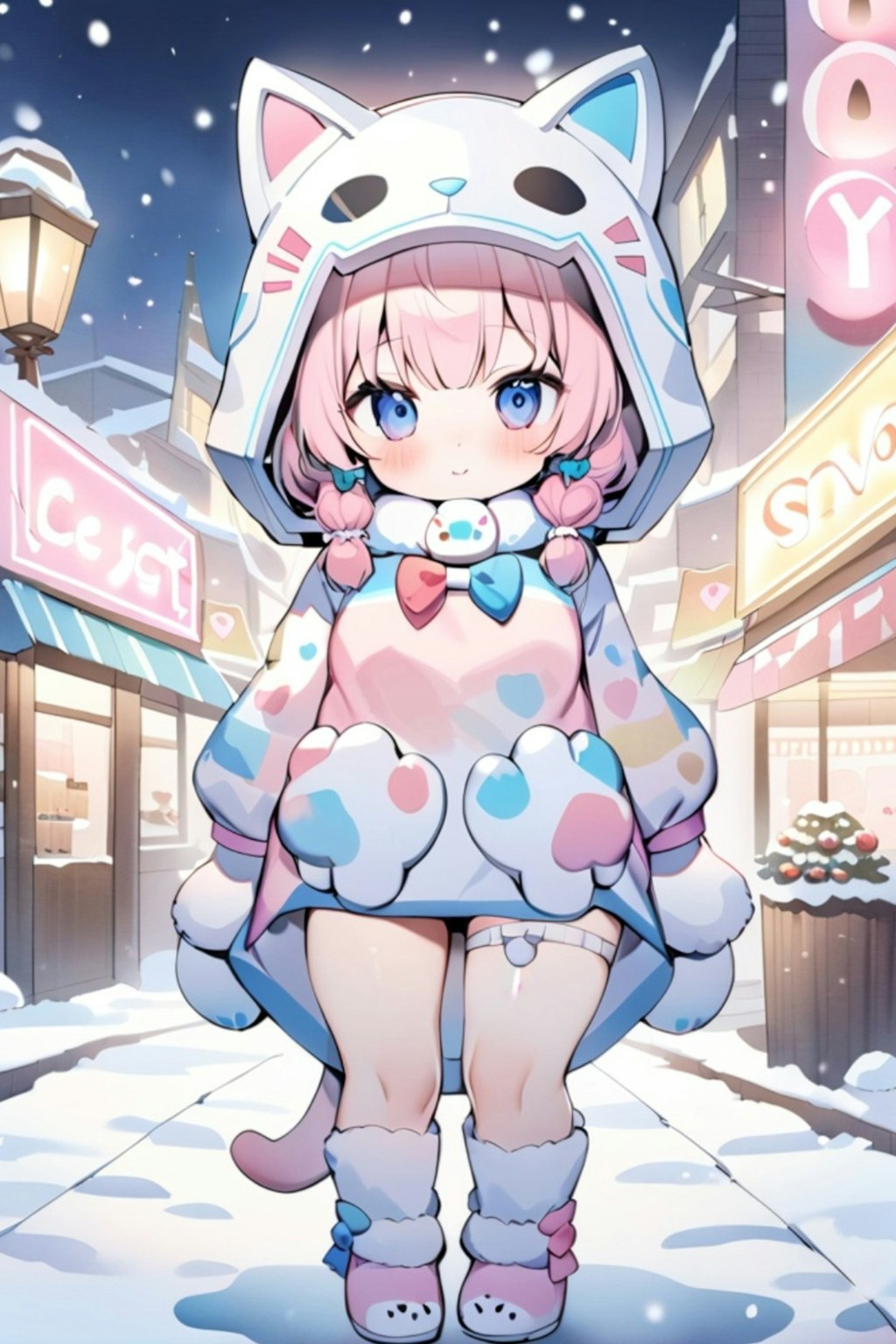 ピンク髪ちゃんと雪の街