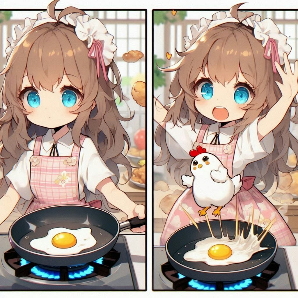 目玉焼きが成長しちゃって驚く小さな女の子