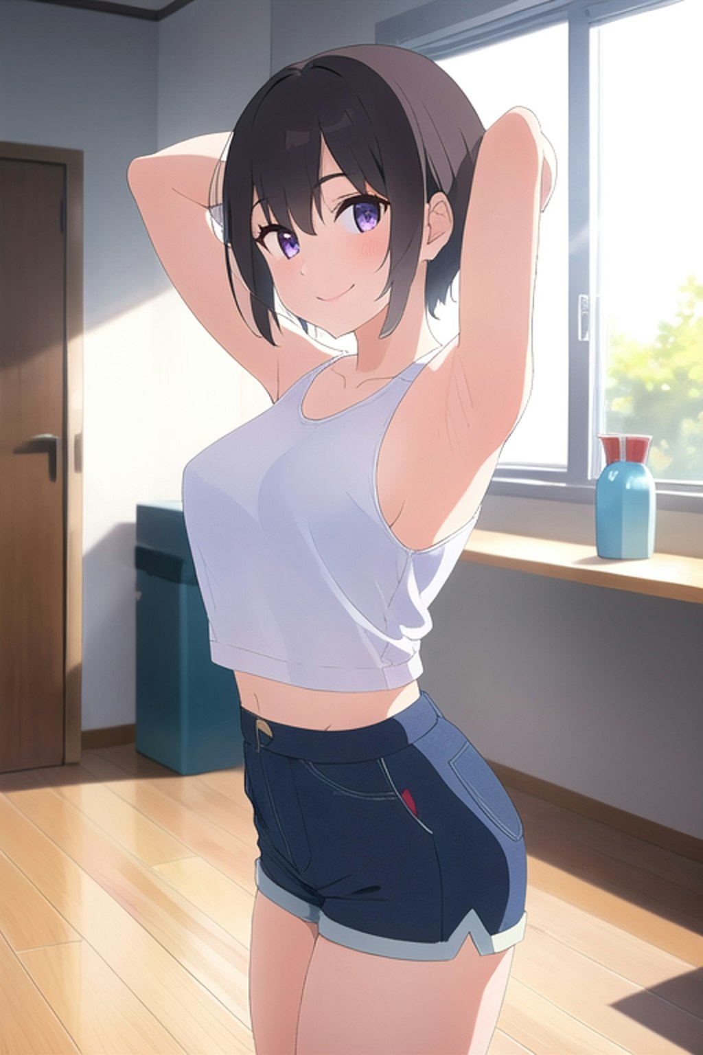 デニムのホットパンツ履いたノースリーブの女の子