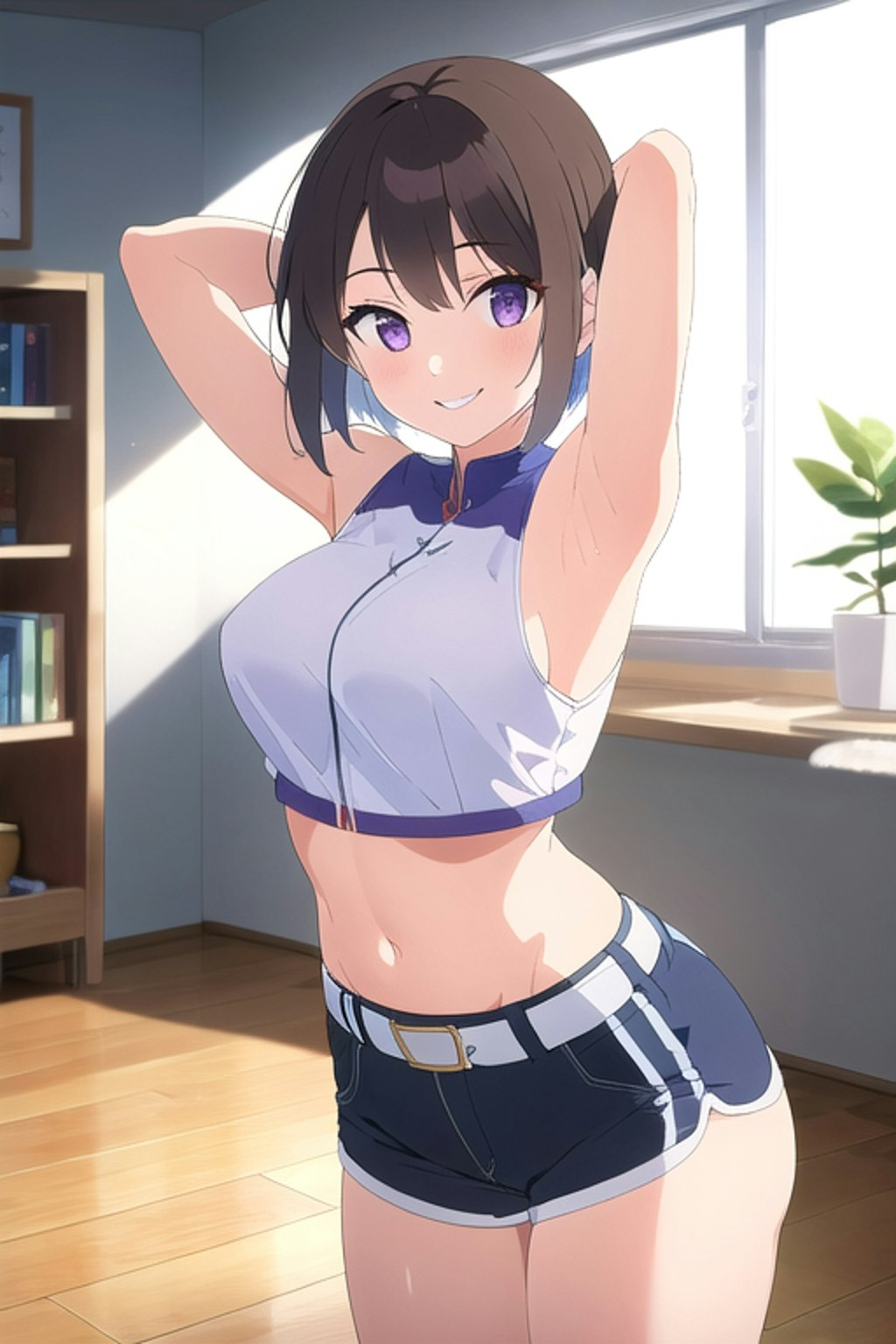 デニムのホットパンツ履いたノースリーブの女の子