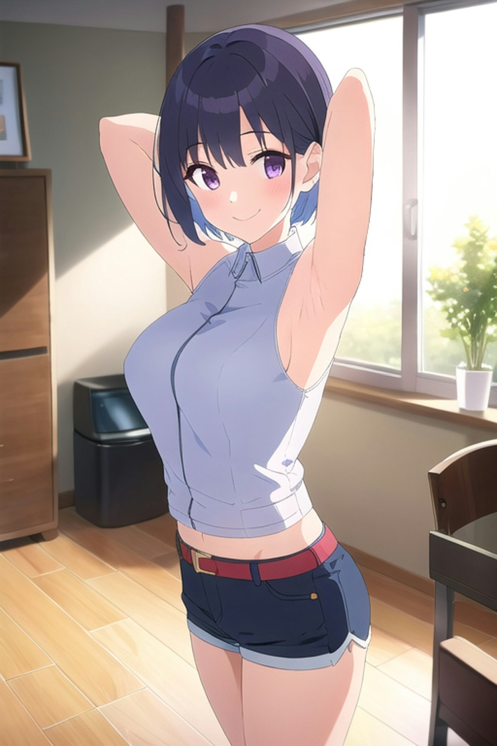 デニムのホットパンツ履いたノースリーブの女の子