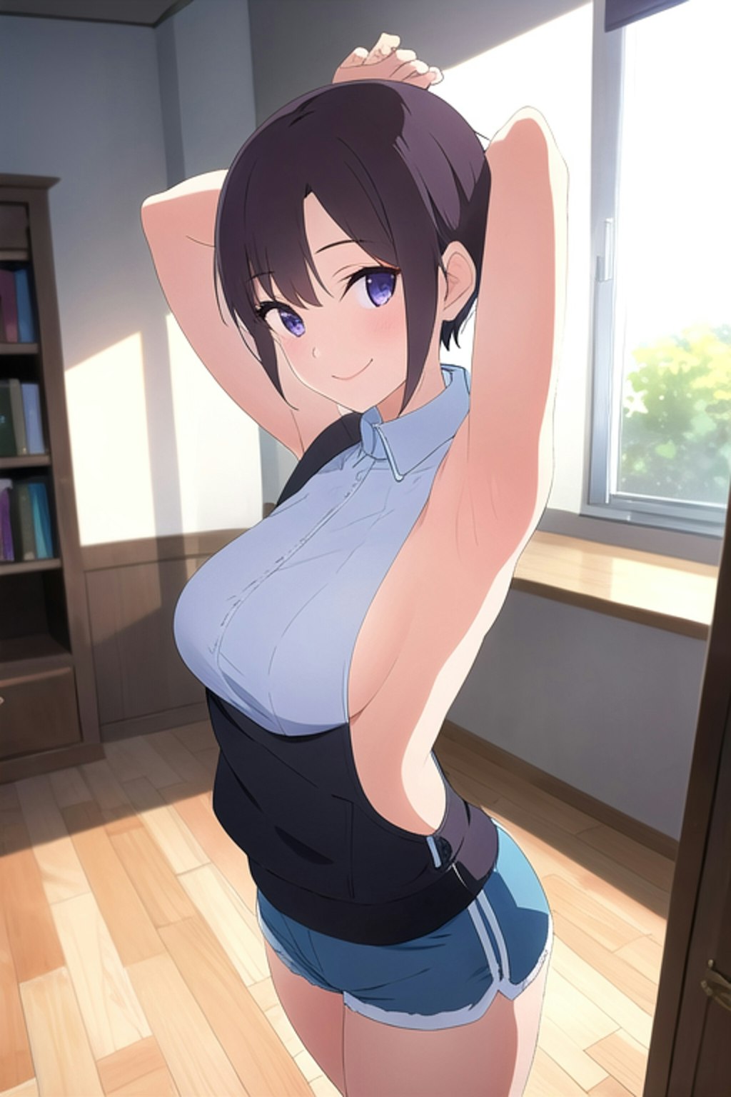 デニムのホットパンツ履いたノースリーブの女の子