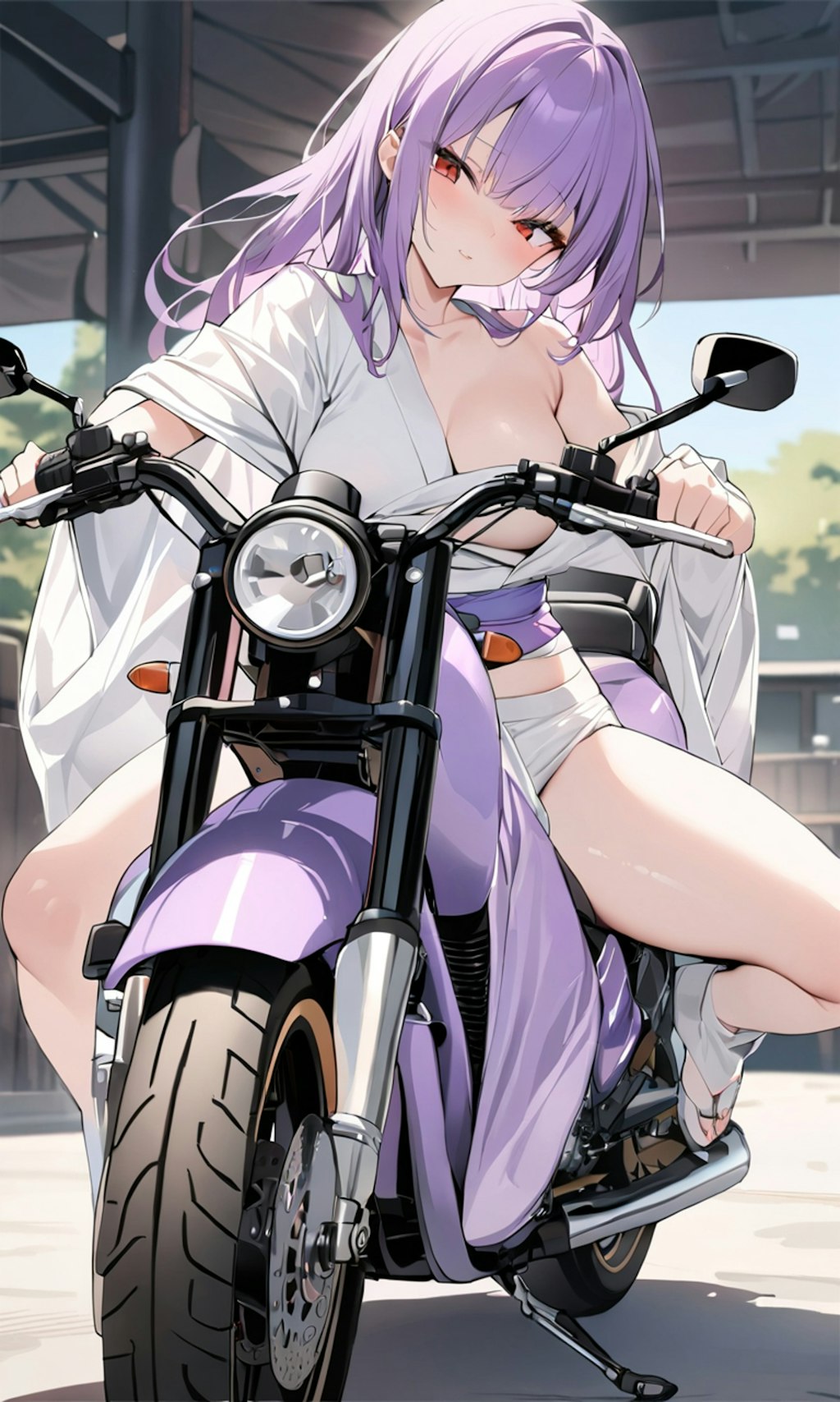 バイクとおはだけ着物女性