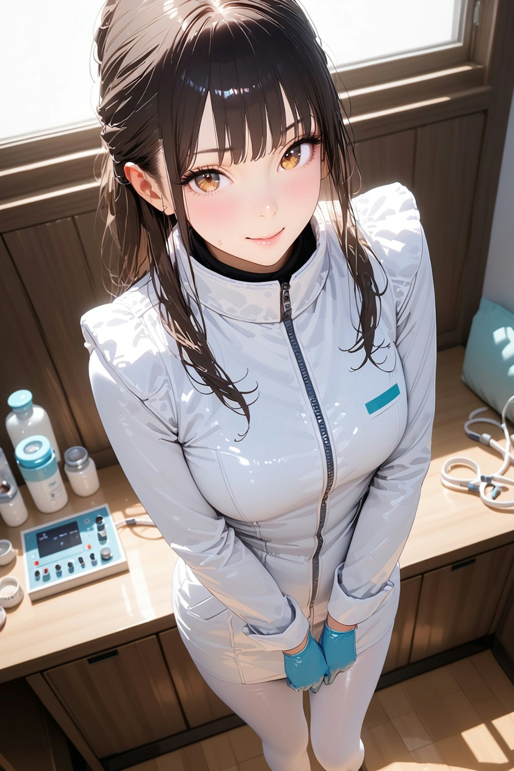 白いエナメルラバー制服のナース