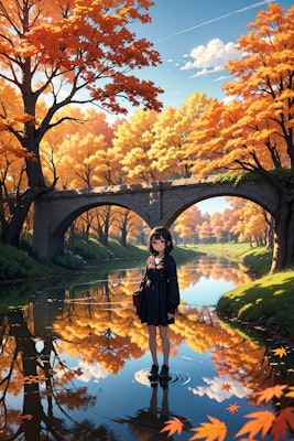 秋の川辺の少女