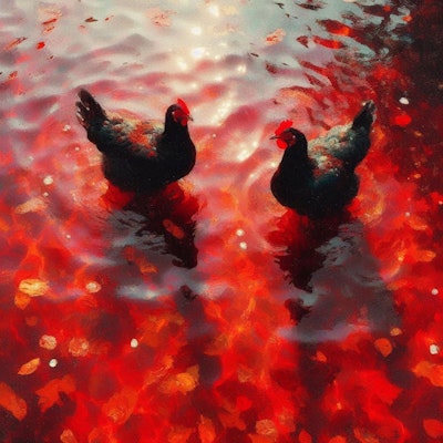 Hens in red water