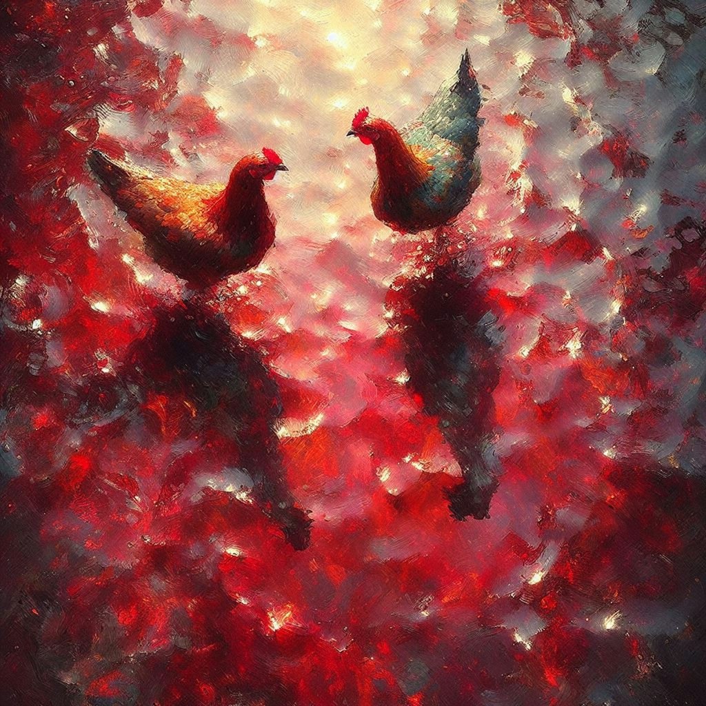 Hens in red water