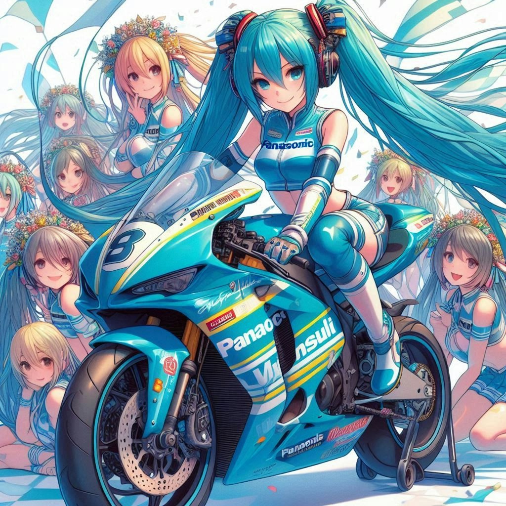 パナソニックカラースズキ隼のレーシングバイクとチアガール初音ミク