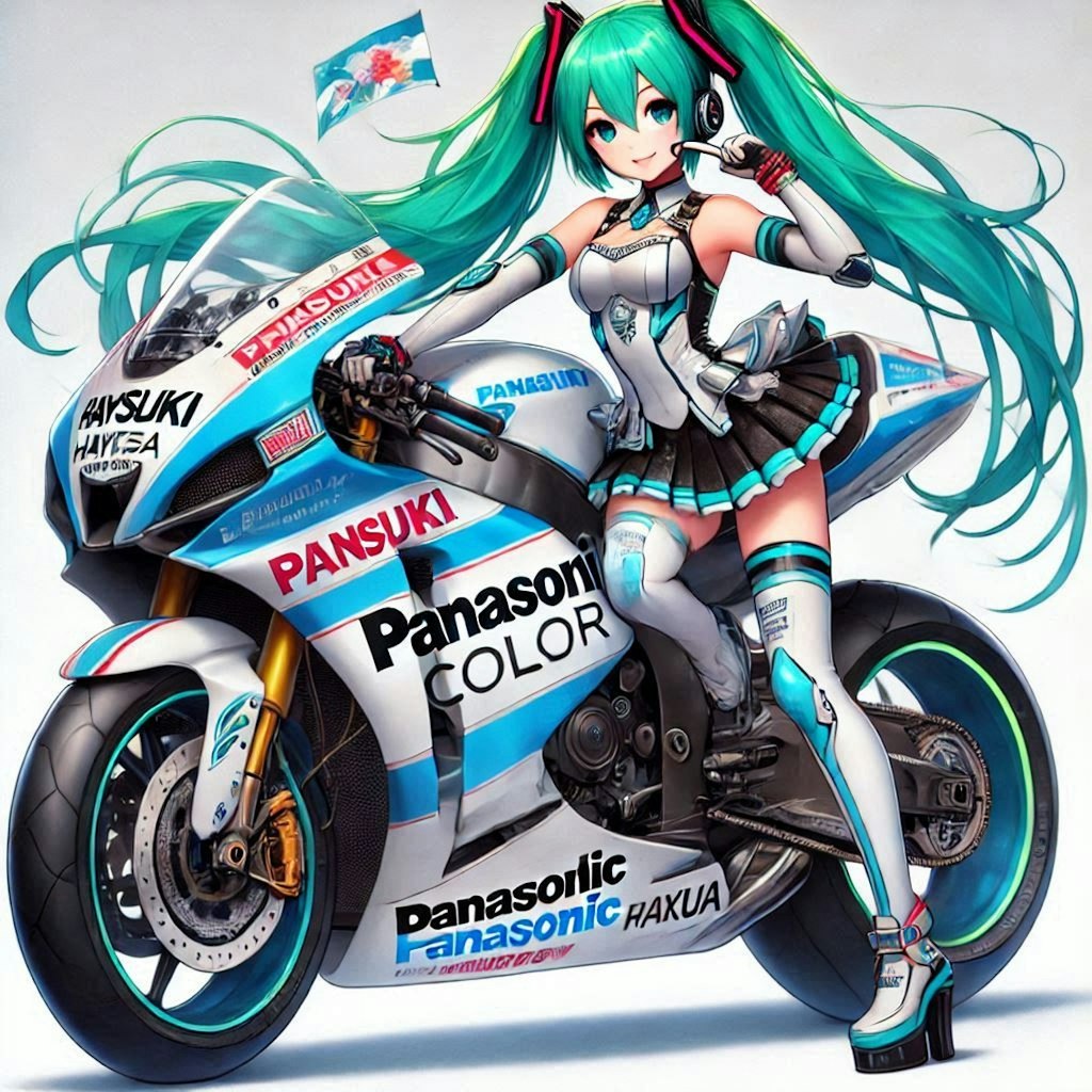 パナソニックカラースズキ隼のレーシングバイクとチアガール初音ミク