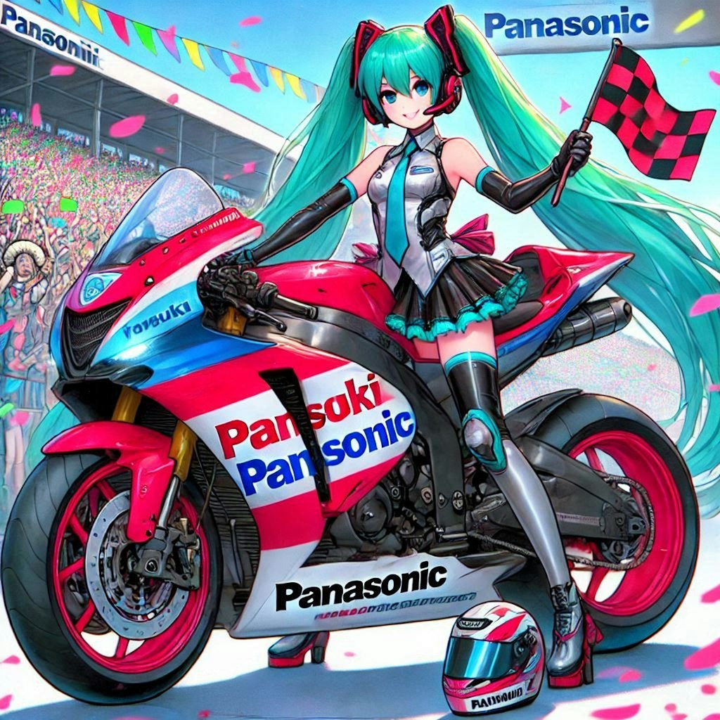 パナソニックカラースズキ隼のレーシングバイクとチアガール初音ミク