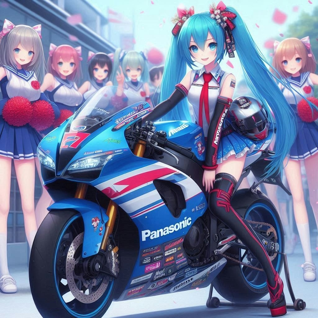 パナソニックカラースズキ隼のレーシングバイクとチアガール初音ミク