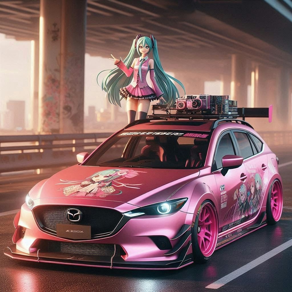 ピンクメタリックのマツダアテンザワゴンのドリ車と初音ミク