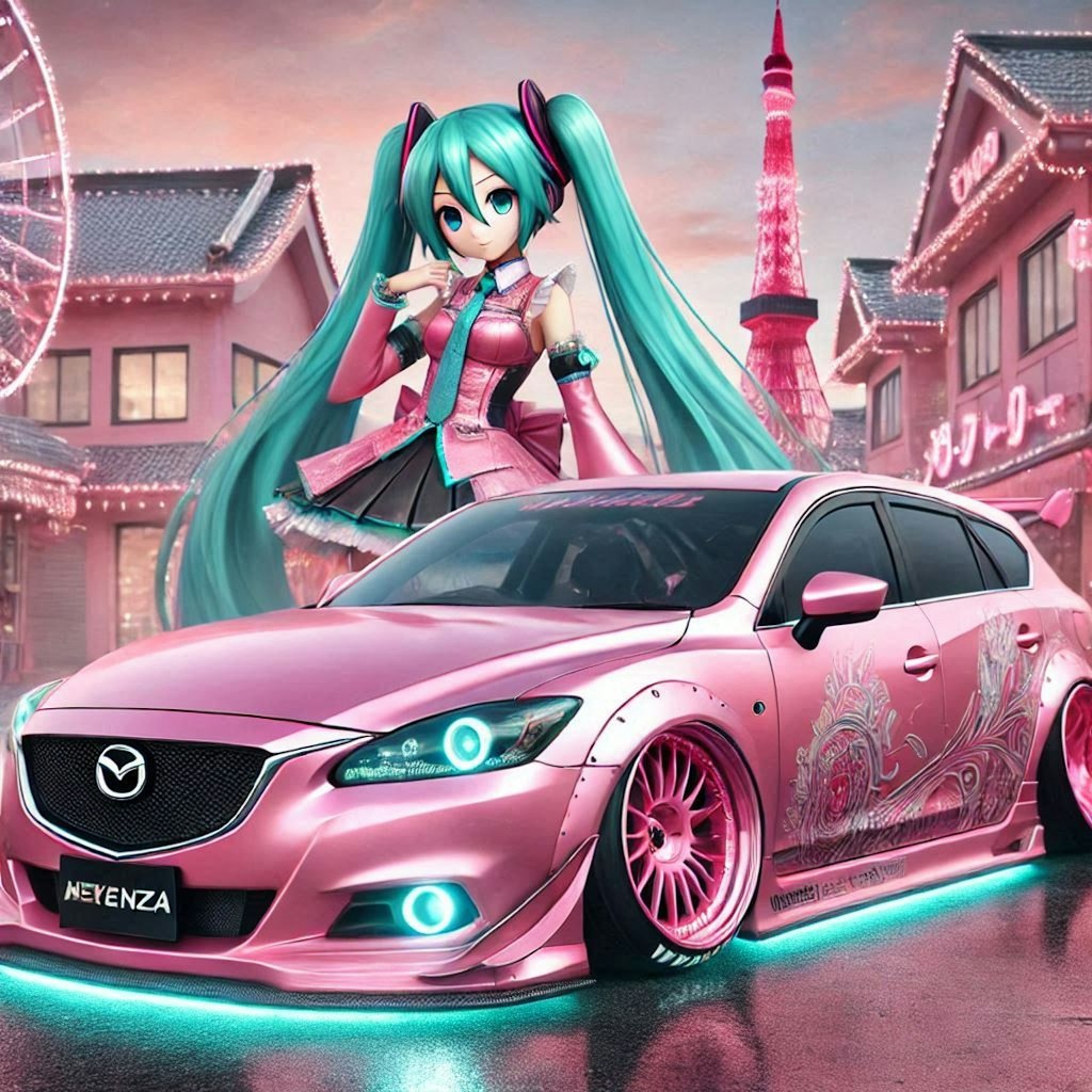 ピンクメタリックのマツダアテンザワゴンのドリ車と初音ミク