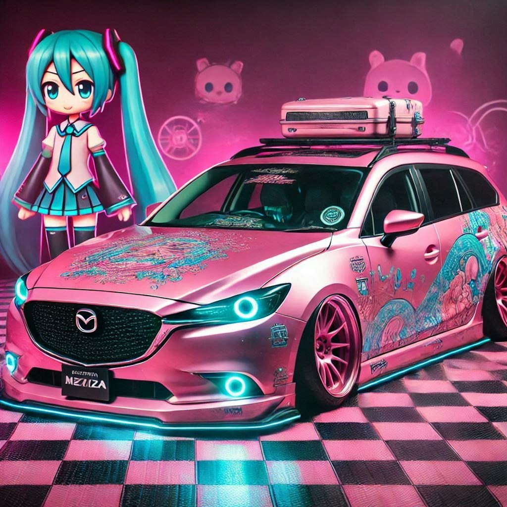 ピンクメタリックのマツダアテンザワゴンのドリ車と初音ミク