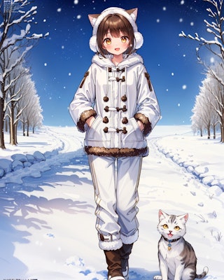 ダッフルコートを着て雪道を歩く猫娘