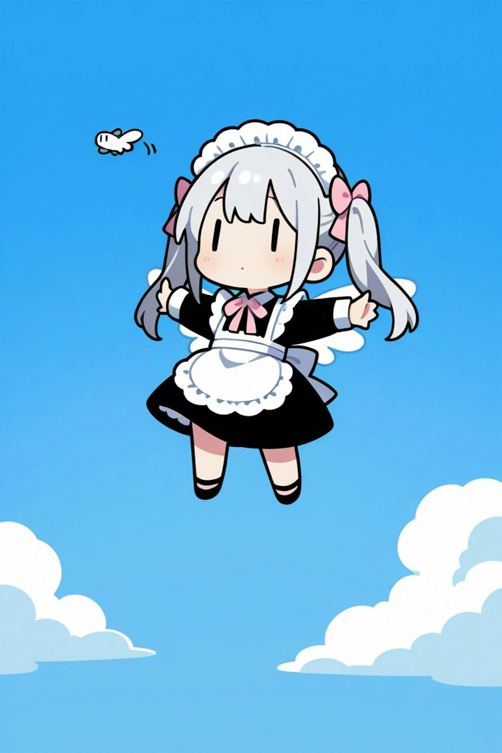 空を飛ぶチビメイドさん