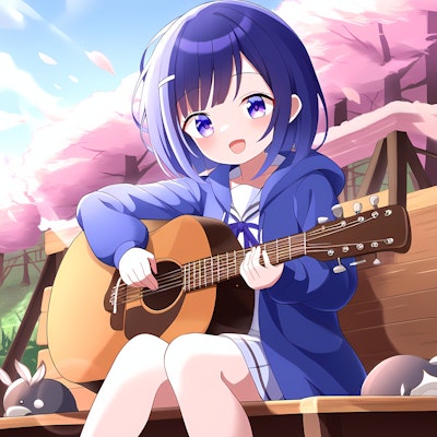 【4/9はフォークソングの日】桜とフォークギターを引くフユちゃん