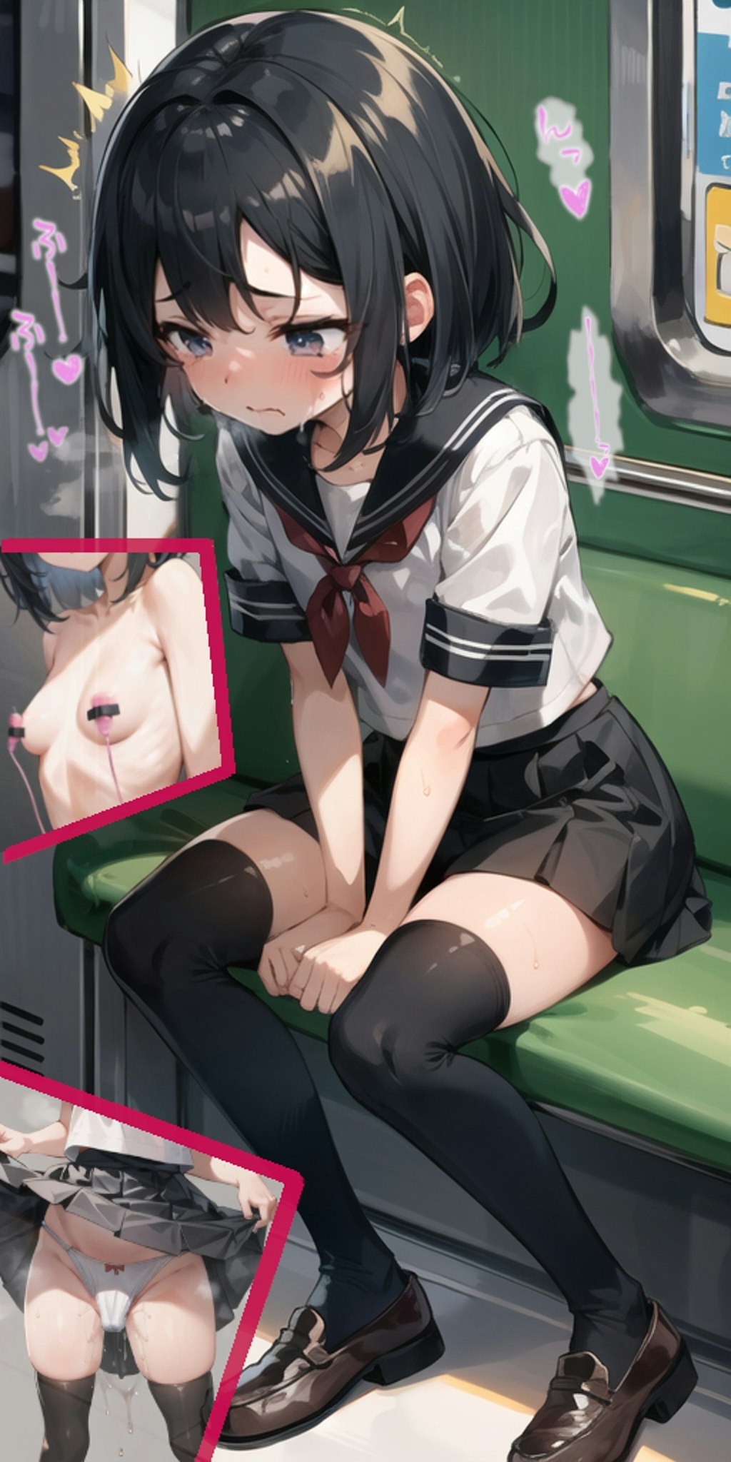 電車の中で振動に耐える女の子