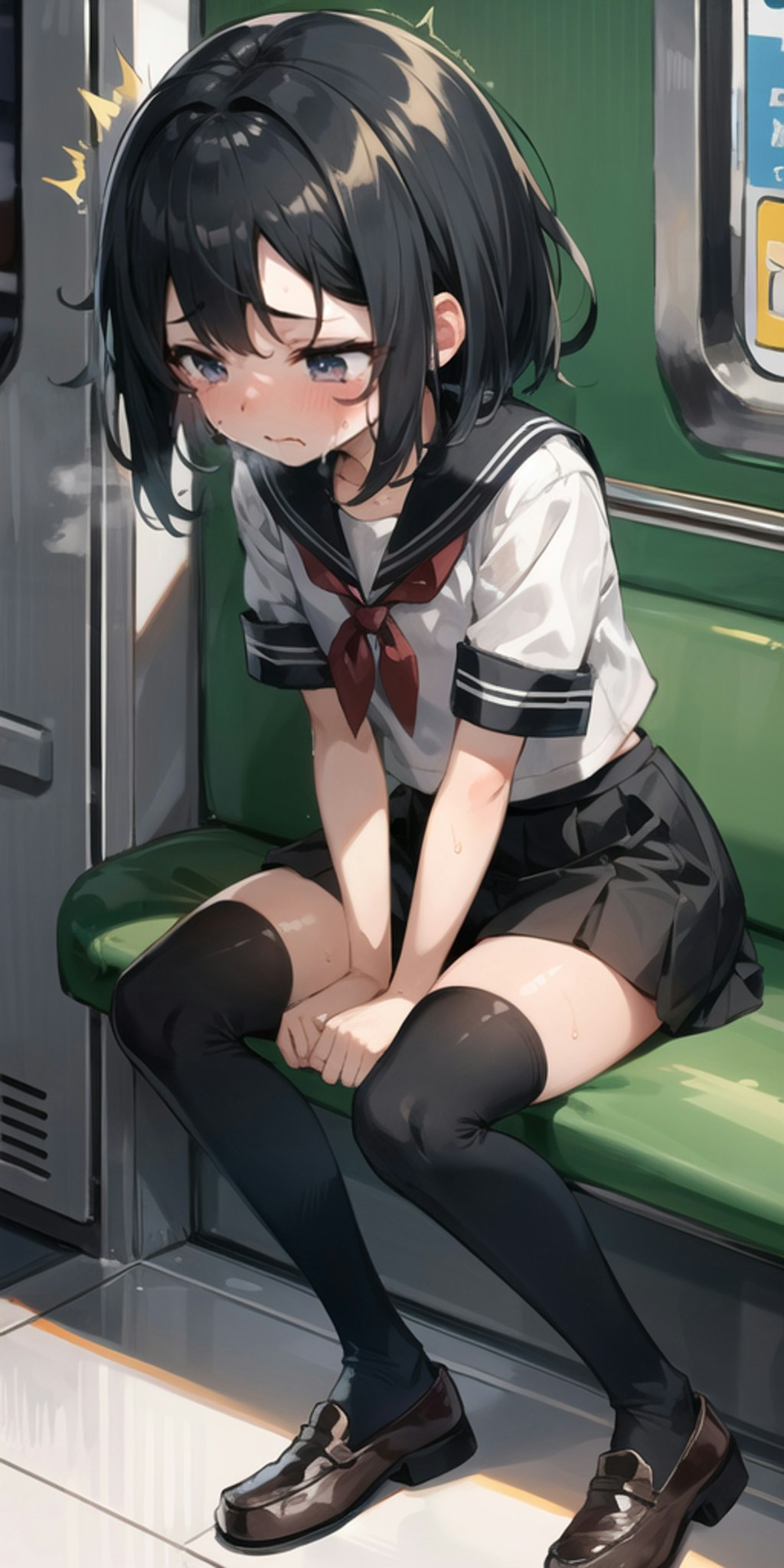 電車の中で振動に耐える女の子