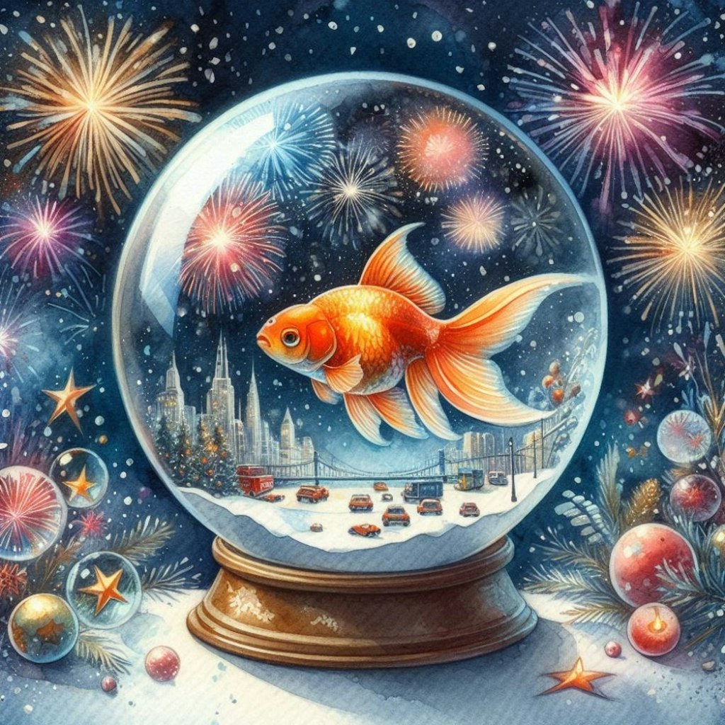 金魚と花火大会浴衣コスプレ人妻唐揚げダンス&水彩画スノードーム風金魚鉢