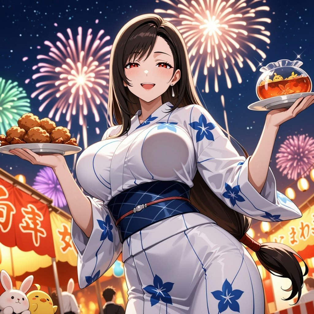金魚と花火大会浴衣コスプレ人妻唐揚げダンス&水彩画スノードーム風金魚鉢