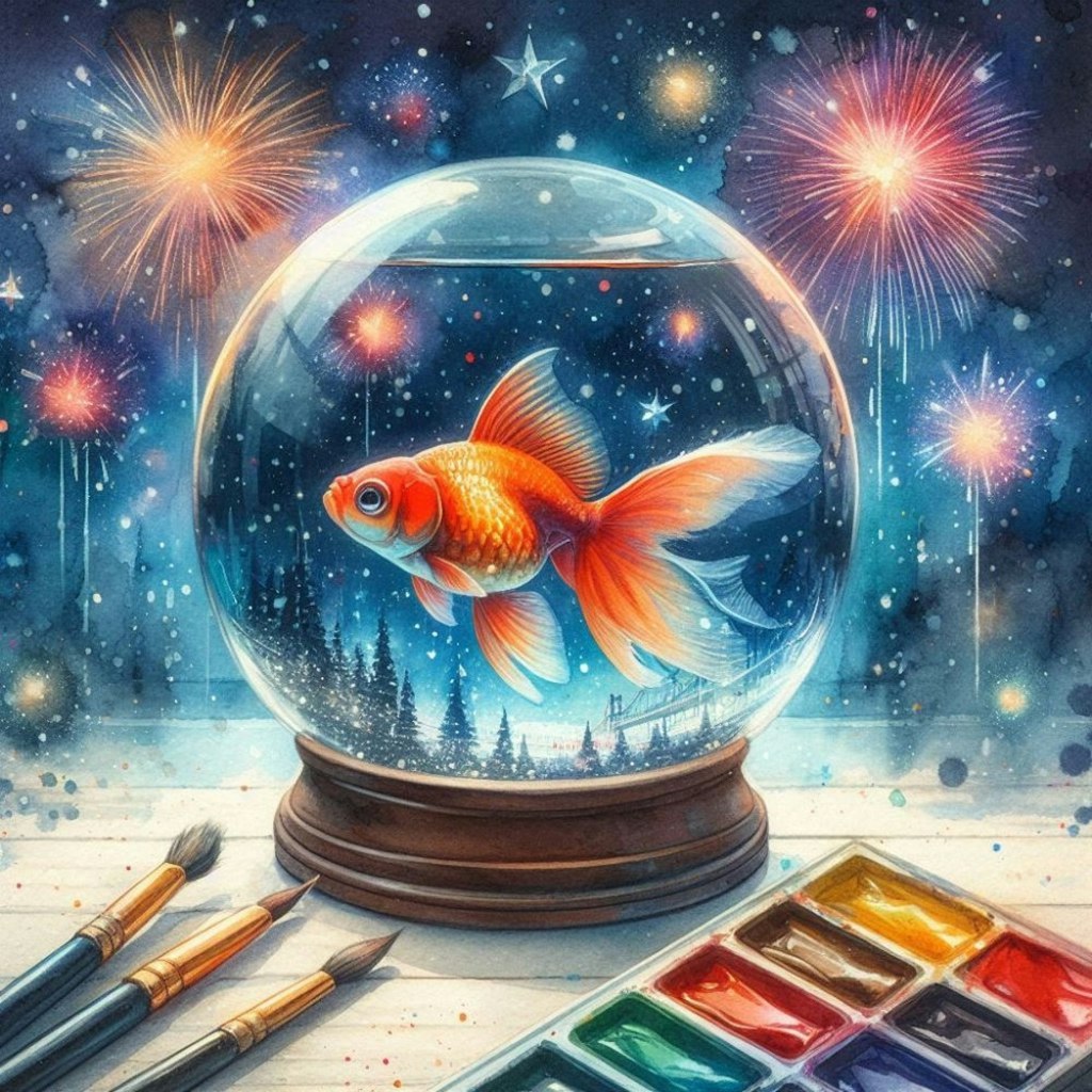 金魚と花火大会浴衣コスプレ人妻唐揚げダンス&水彩画スノードーム風金魚鉢