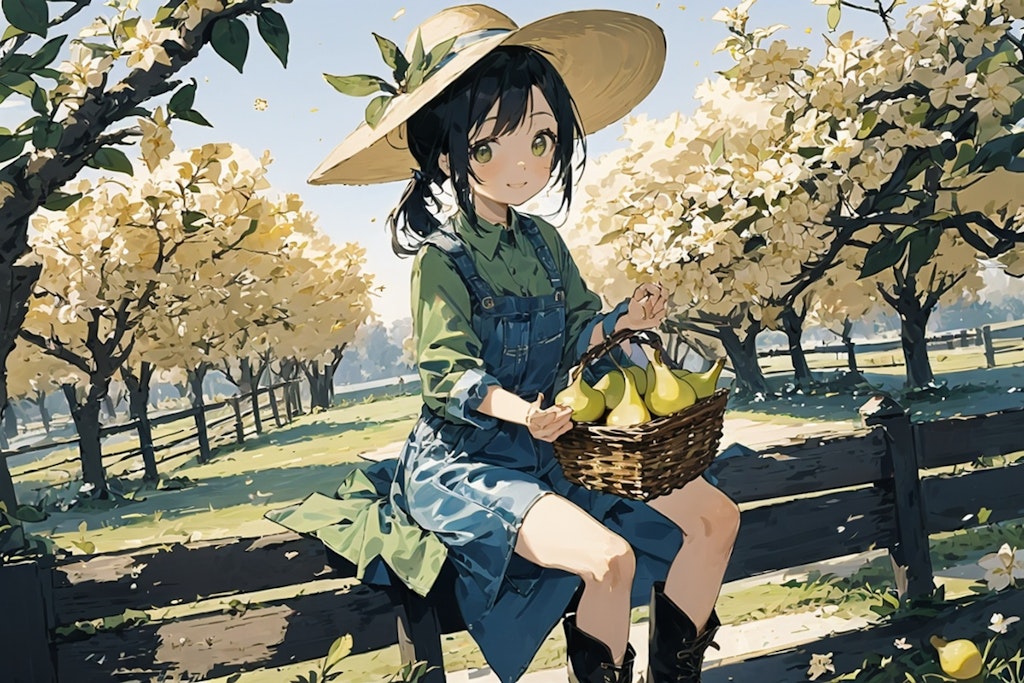 梨を収穫をする少女