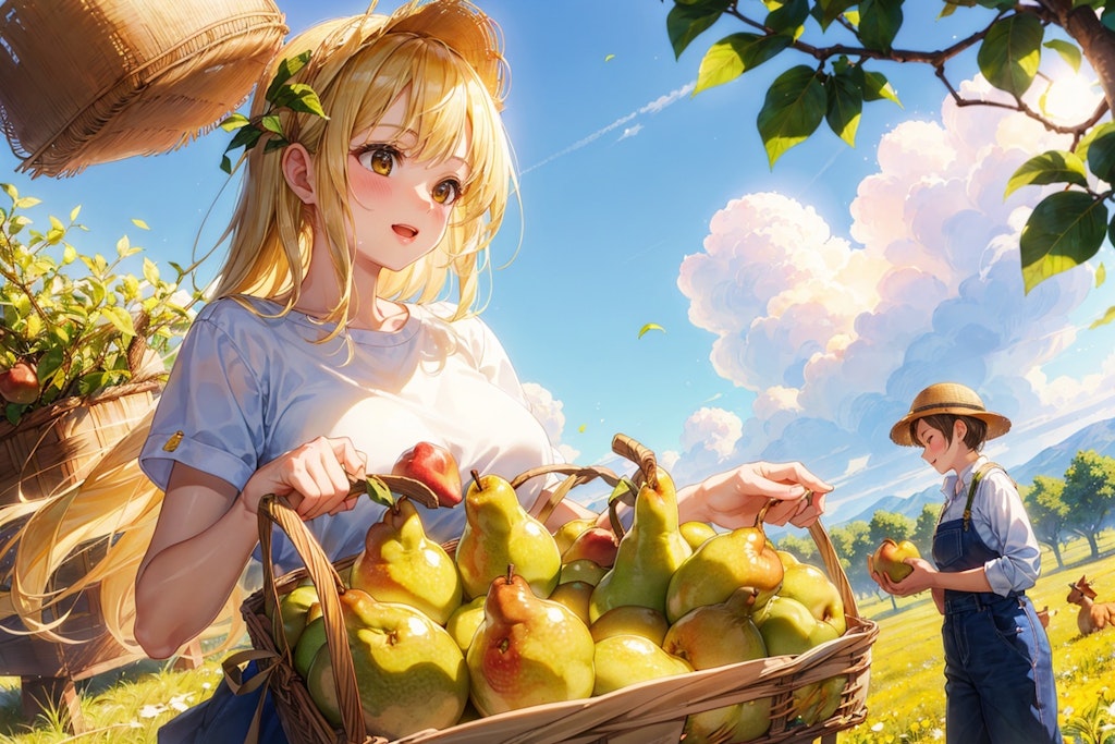 梨を収穫をする少女