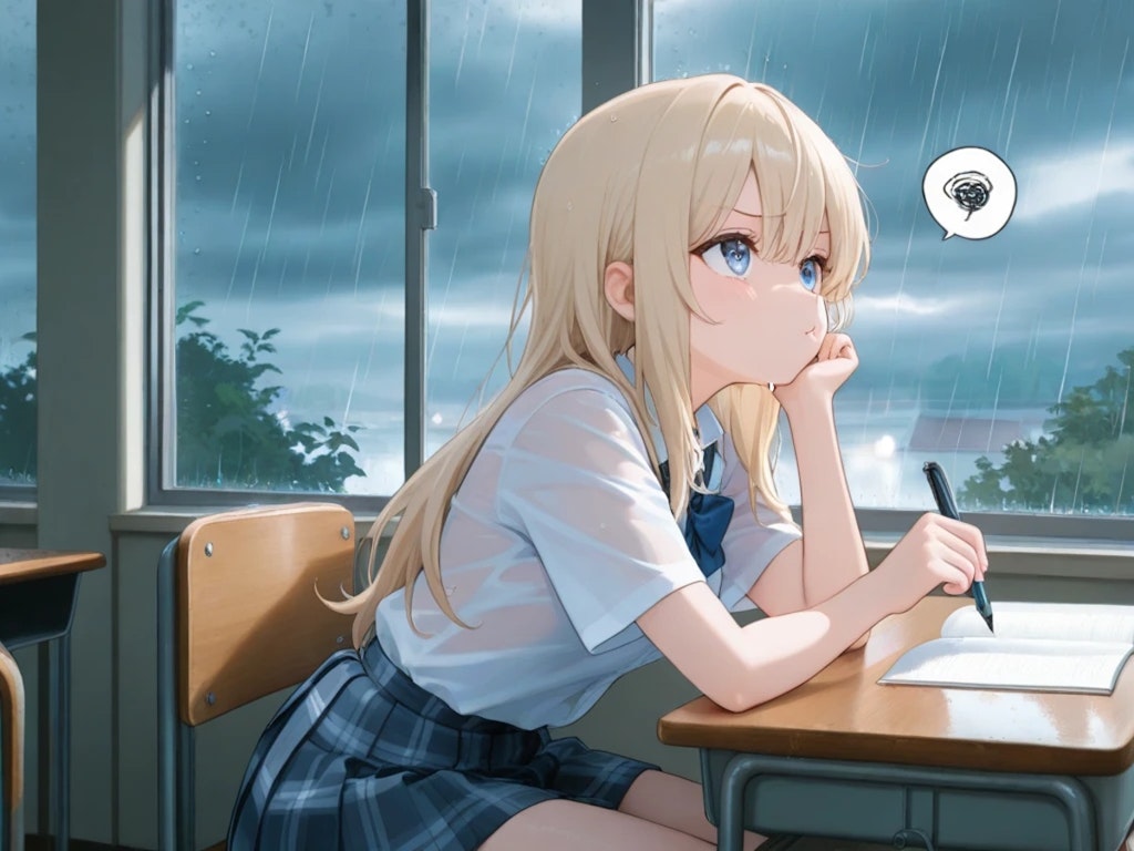 雨で不満げな少女