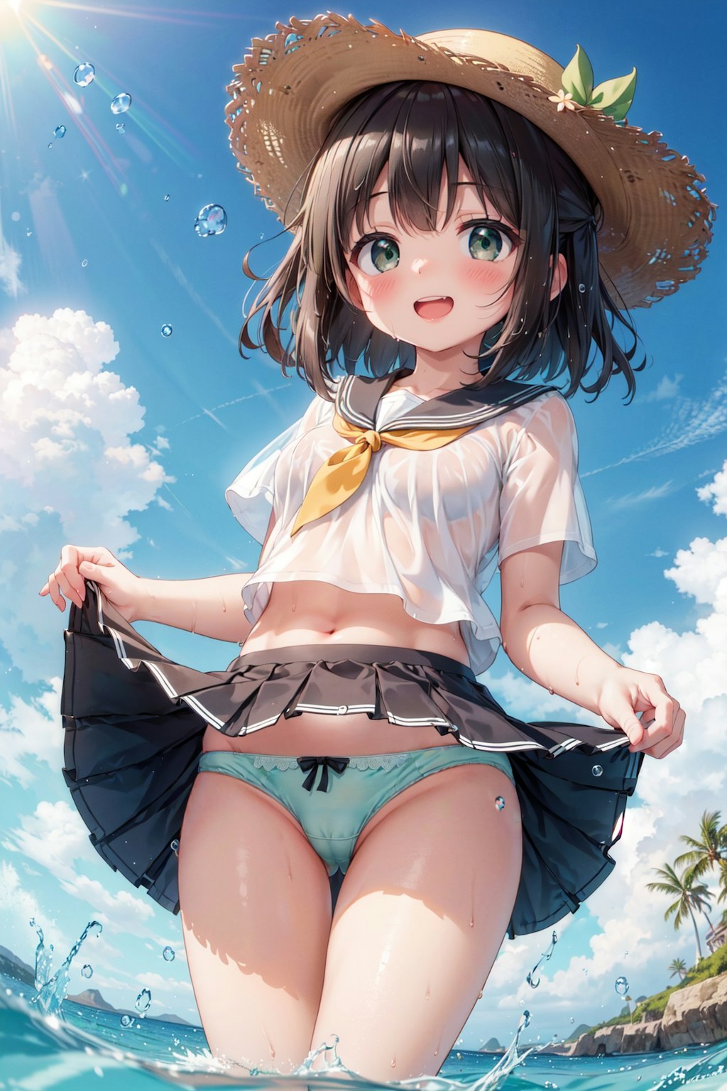 セーラー服で水遊び