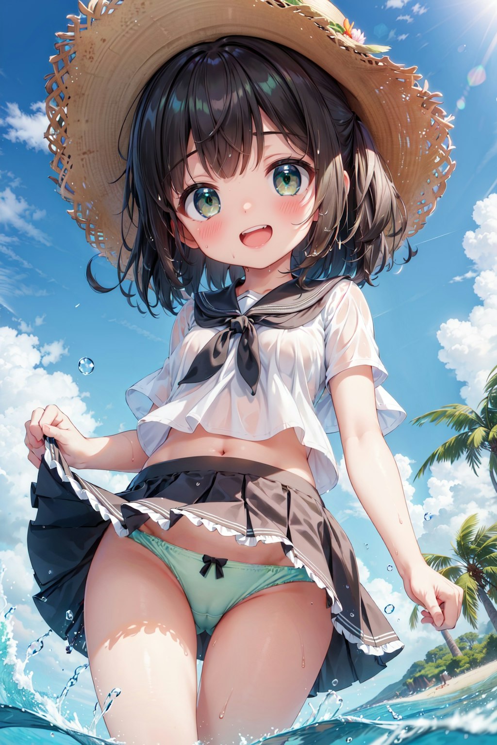 セーラー服で水遊び