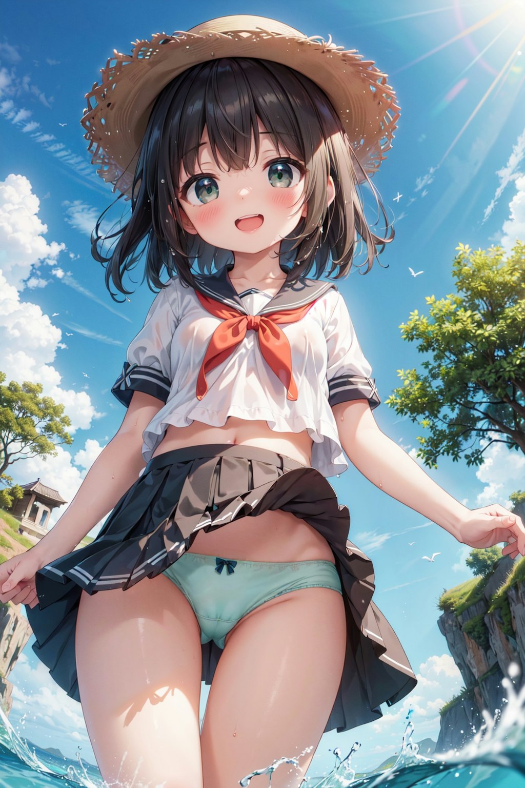 セーラー服で水遊び