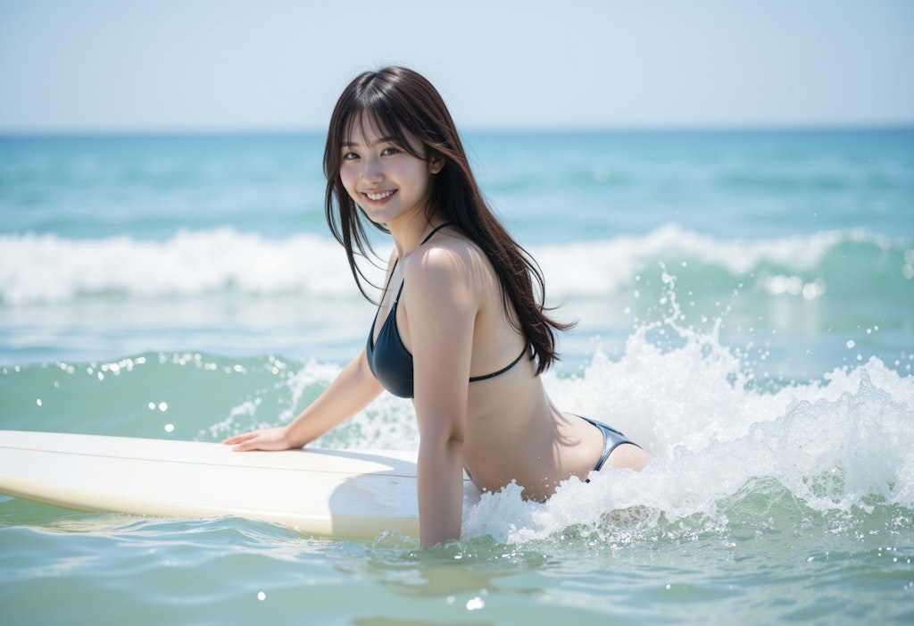 夏の海 サーフィンする女性