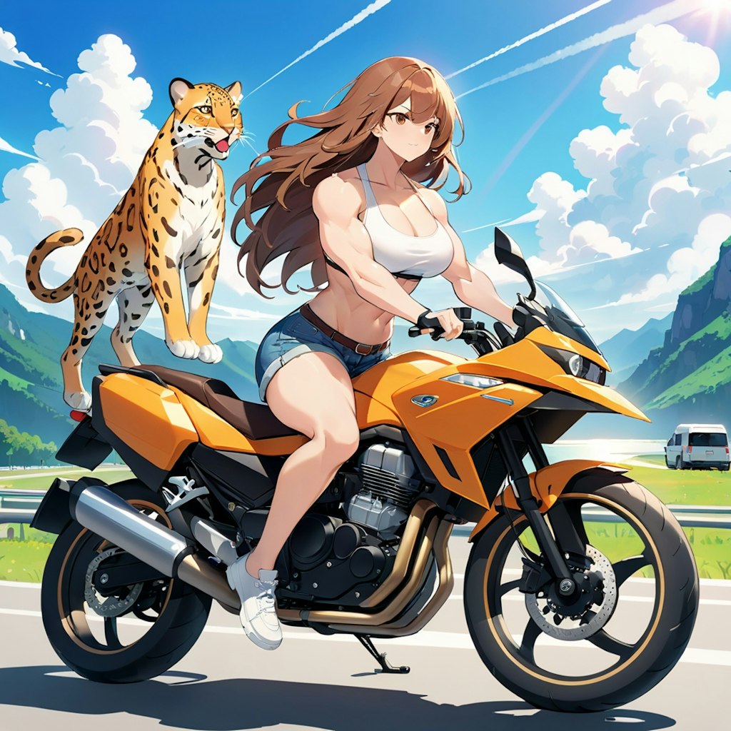 豹とバイクに乗る