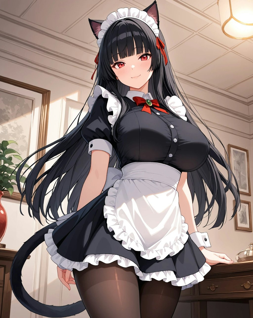 黒髪ぱっつん猫耳メイド
