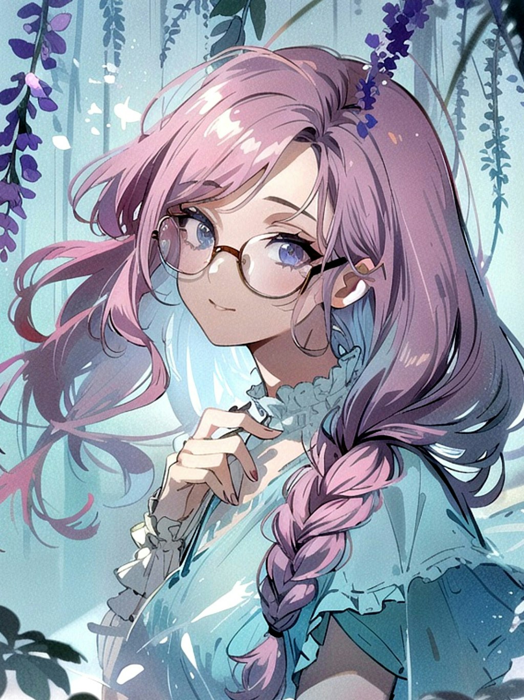 眼鏡三つ編みのピンク髪ちゃん
