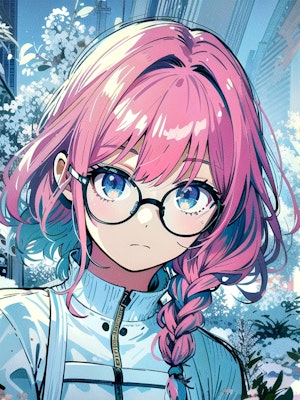 眼鏡三つ編みのピンク髪ちゃん