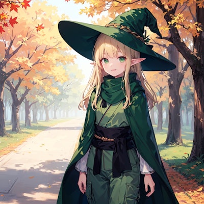 秋の並木道を歩くエルフ魔女
