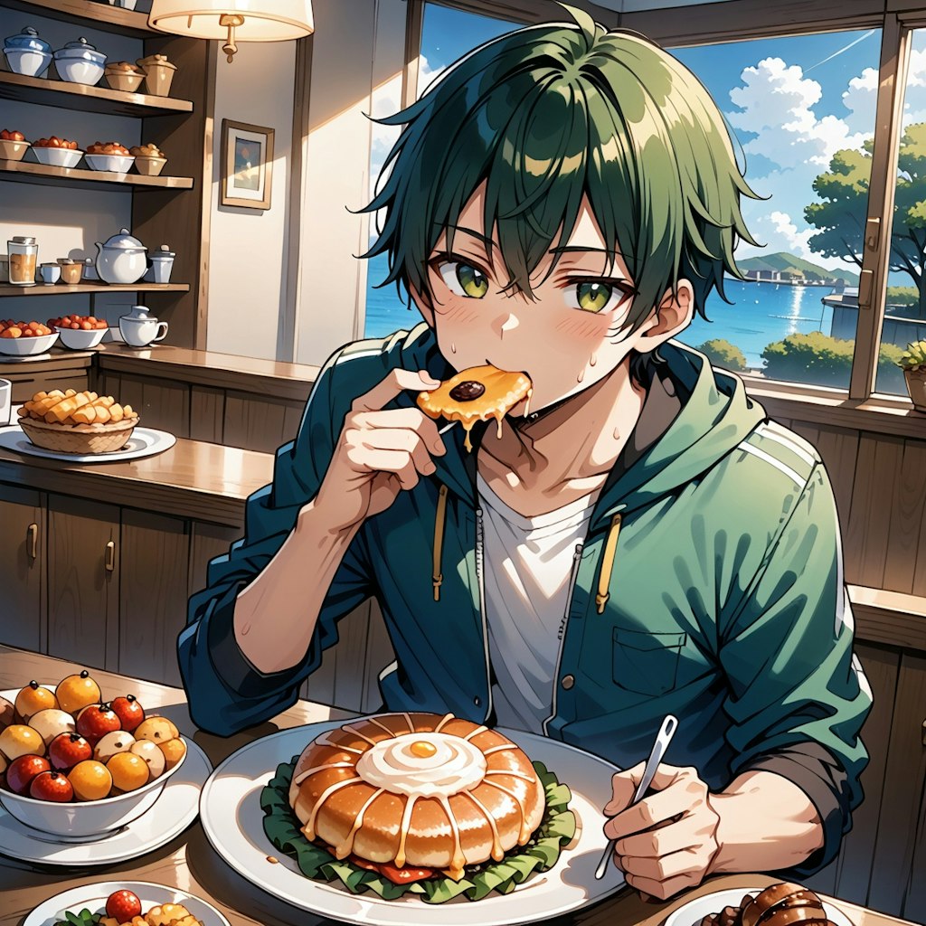 Ikemen boy is happily eating breakfast.