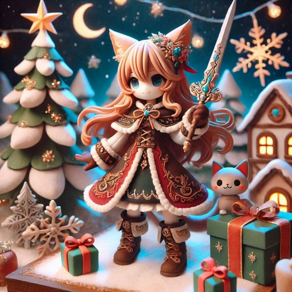 クレイアニメーション風イラストファンタジー、猫のヌイグルミの王国のクリスマス物語