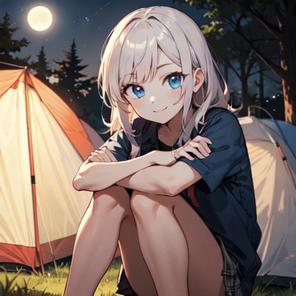 キャンプ中の女の子。