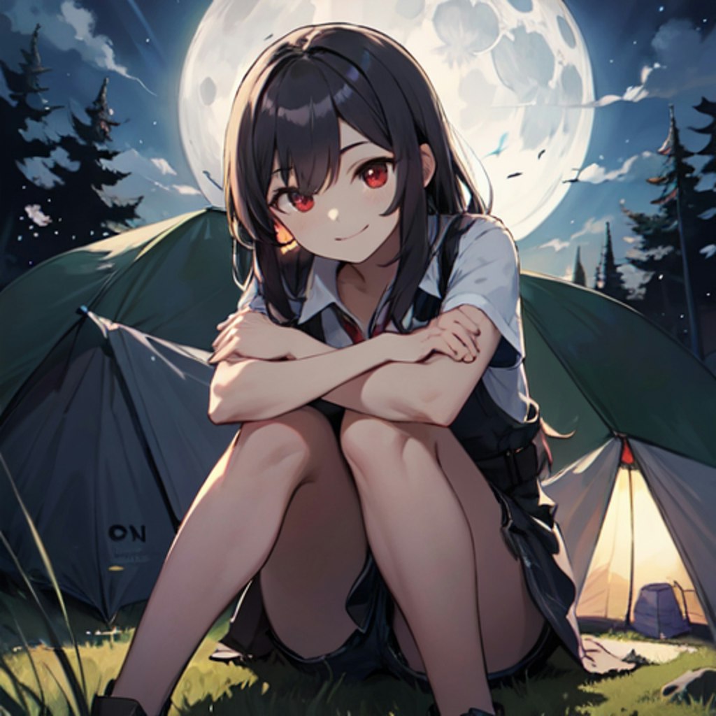 キャンプ中の女の子。