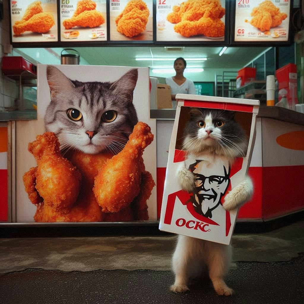 唐揚げ屋台で働く猫